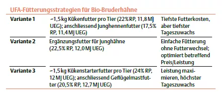 UFA-Fütterungsstratebgie für Bio-Bruderhähne